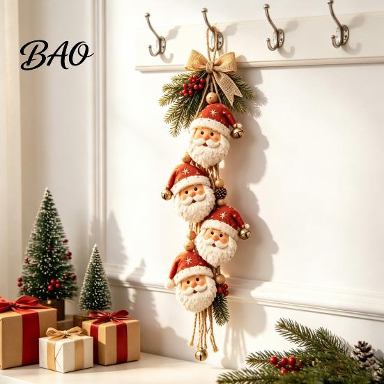 Xmas Tree Hanging Pendant Wooden Santa Claus Ornament, 2D Flat Pattern Sign with Jute Bows Rope And Bell, Vintage Door Hanger for Front Door,