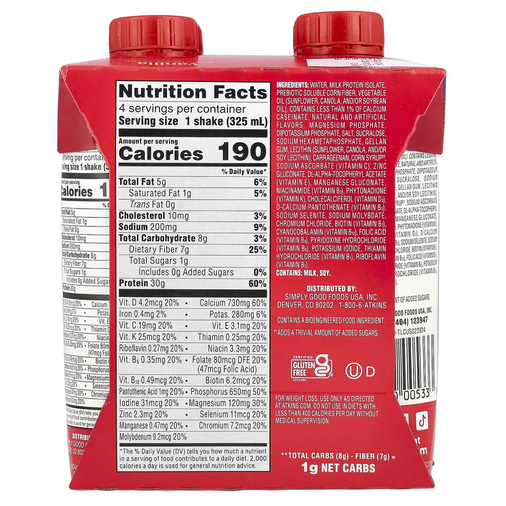 Atkins Strong, High Protein Shake, Vanilla, 4 Count, 11 Fl Oz (325 Ml) Each