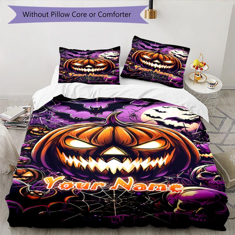 3PC Custom Name Halloween Pumpkin Horror Bedding Set Printed Bedding Set Duvet Cover Closure Includes 1 Duvet Cover & 2 Pillowcases for All Seasons Be