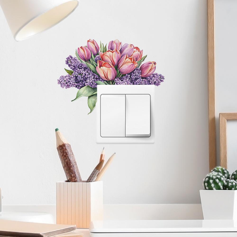 Самоклеящаяся съемная наклейка на выключатель с ручной росписью фиолетовых тюльпанов для спальни, гостиной, фона, домашнего декора