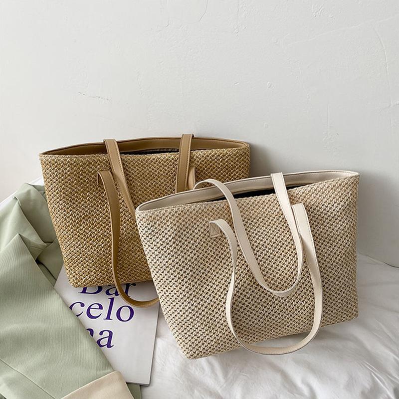 Yogodlns Летняя соломенная сумка, женская большая вместительная плетеная сумка-тоут, пляжная сумка ручной работы из ротанга, женская соломенная сумка на плечо для отпуска, сумка