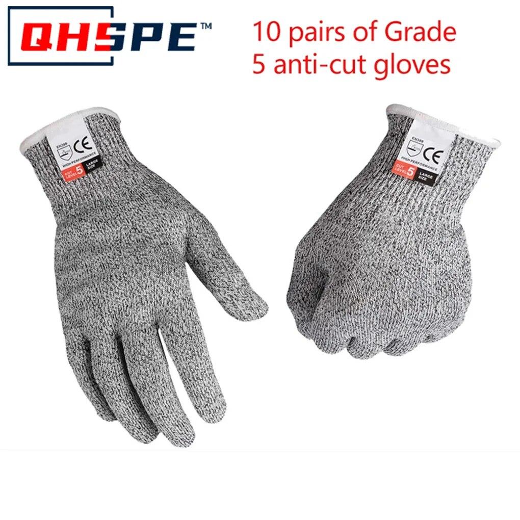 10 Pairs of Grade 5 Anti-cutting Gloves Kitchen HPPE Anti-scratch Glass Cutting Safely Protects Gardeners