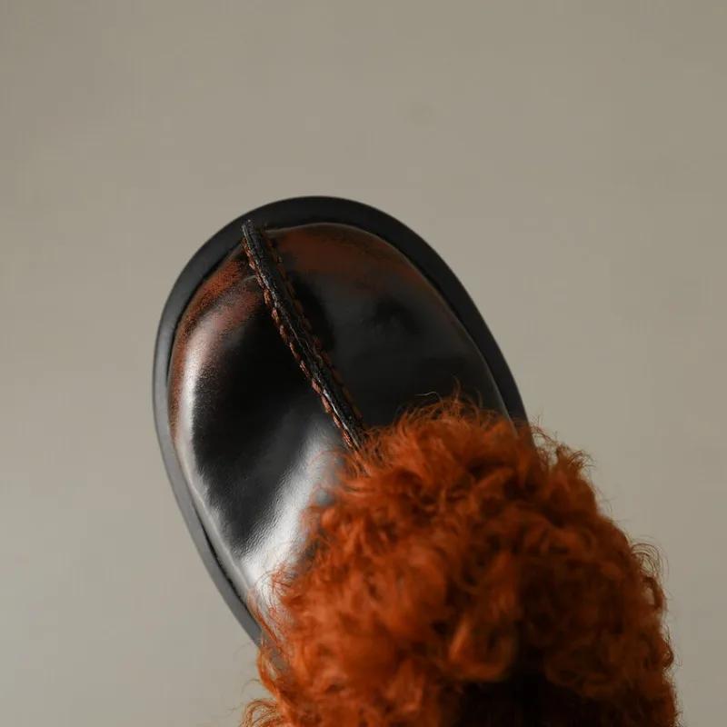 Модные винтажные тапочки из кроличьего меха/шерсти, осенне-зимние плюшевые тапочки, женская мода, черные, коричневые, теплые, для улицы, на высоком каблуке, хлопковые туфли