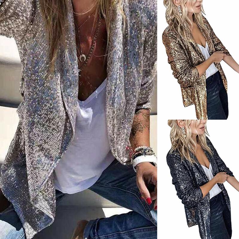 Womens Sequin Blazer Suit Glitter Open Front Thin Jacket Ladies Party Outwear
