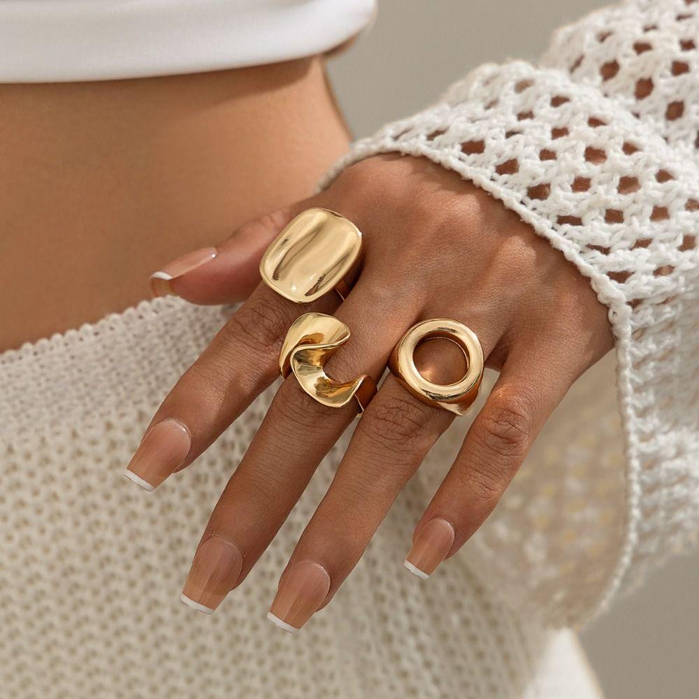 3pcs/set Personality Irregular Open Ring Retro Knuckle Joint Ring Unique Hollow Square Ring Women
