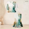 Women Plus Size Blue Gold Printed Round Neck Batwing Sleeve Ruffle Hem Top Fishtail Skirt Two Piece Set
