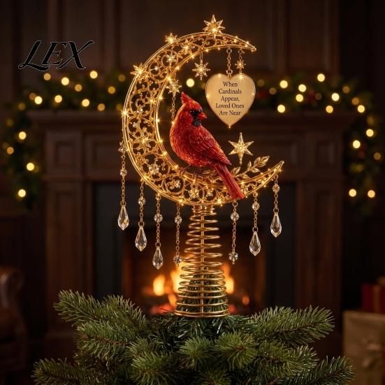 Spiral Tree Crown Ornament Lighted Memorial Christmas Topper, Angel Red Bird Reindeer Designs Treetop Party Ornaments with Warm Glow for Decor, Winter