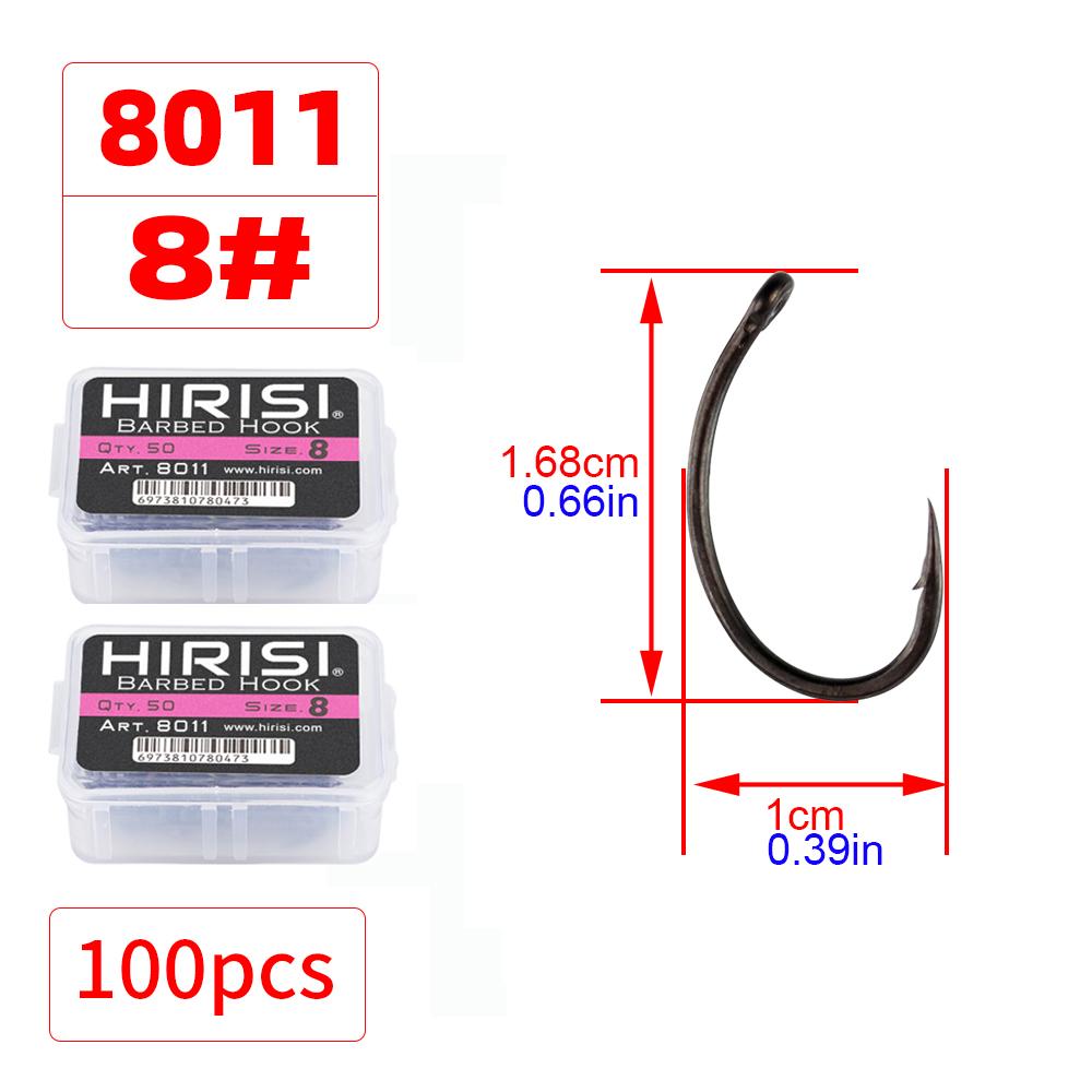 Hirisi 50/100 шт. Крючки для карповой ловли с покрытием PTFE Стальные крючки с бородкой В коробке 8011 Рыболовные аксессуары
