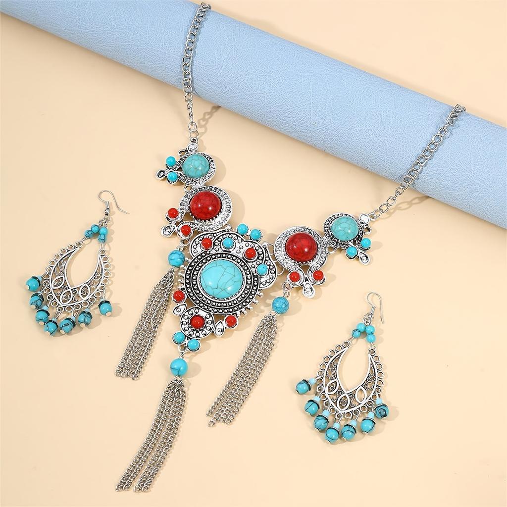 1 Pair Dangle Earrings +1 Pc Necklace With Exaggerated Resin Turquoise Inlaid Zinc Alloy Jewelry Set Bohemian Ethic Style For Women Gift CLE