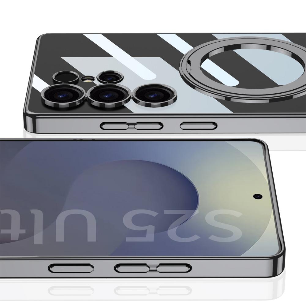 Гальванический прозрачный магнитный чехол для телефона Samsung Galaxy S25 Ultra вращающийся кронштейн жесткий корпус противоударный чехол