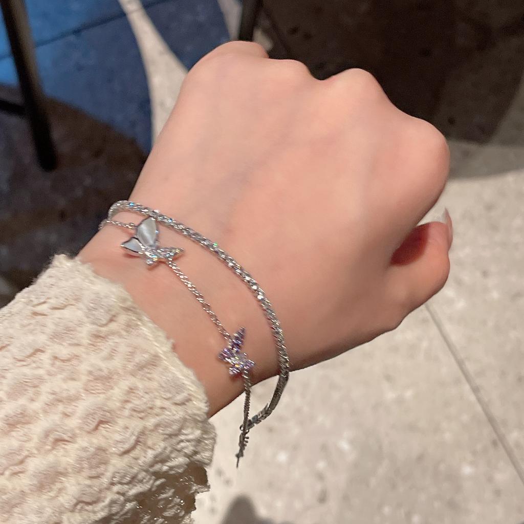 Double-Layer Exquisite Small Butterfly Bracelet 2023 Diamond-Embedded High-Grade INS Style Special-Interest Design Girlfriends Zircon Bracelet