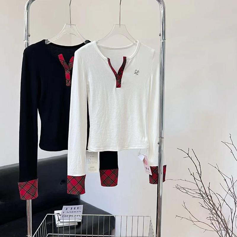 Корейские дизайнерские клетчатые футболки женские осенне-зимние лоскутные футболки с длинным рукавом винтажные топы с круглым вырезом в стиле 2000-х годов