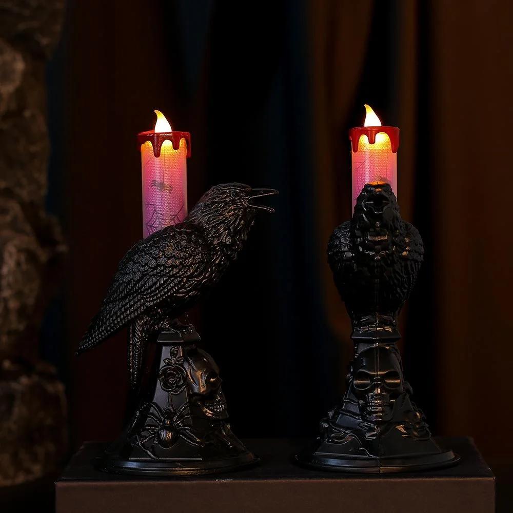Creative Evil Black Crow Statue Glowing Candlestick LED Candles Lights Halloween Home Decorations Table Lamp Scary Ornaments