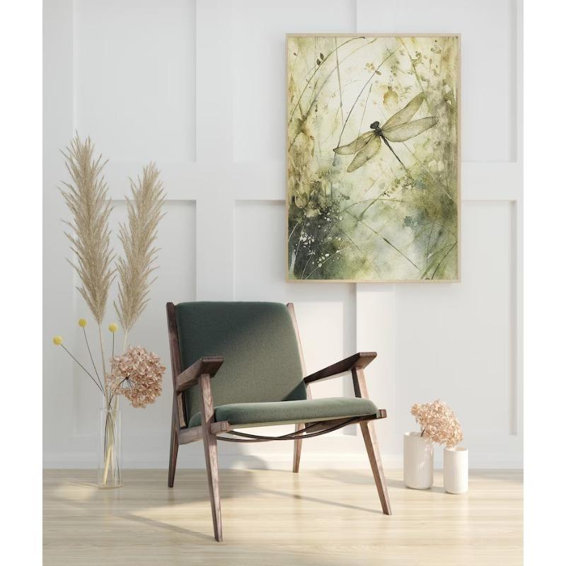 Постер Акварель Стрекоза Цветы Лаванды Зеленый Ботанический Фиолетовый Цветочный Насекомое Холст Живопись Настенное Искусство для Комнаты Домашний Декор