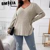 Autumn Winter Solid Color Plus Size Women's Top V-neck Long Sleeve Pit Strip Woolen T-shirt Loose Cover
