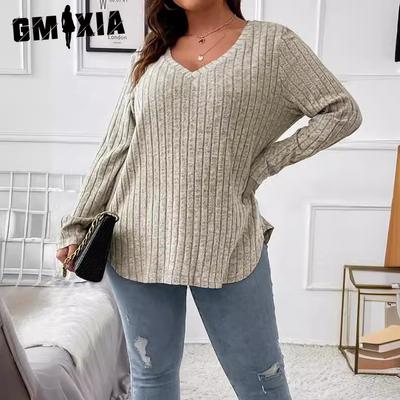 Осень-зима, однотонный женский топ больших размеров с v-образным вырезом и длинными рукавами, шерстяная футболка в полоску, свободный чехол
