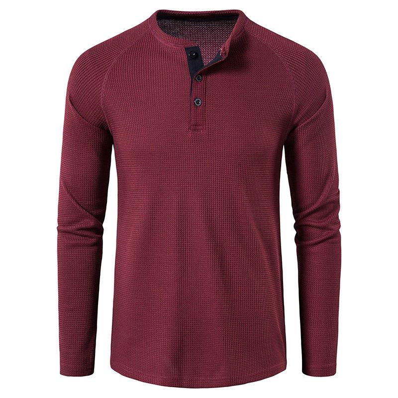 Мужская повседневная футболка-henley с вафельной вязкой, с длинным рукавом