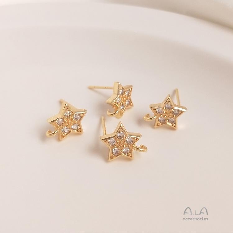 Серьги-кольца 'Звезда' из золота 14 карат с цирконами, серебряным штифтом 925 пробы и петлей для подвешивания 'Сделай сам'