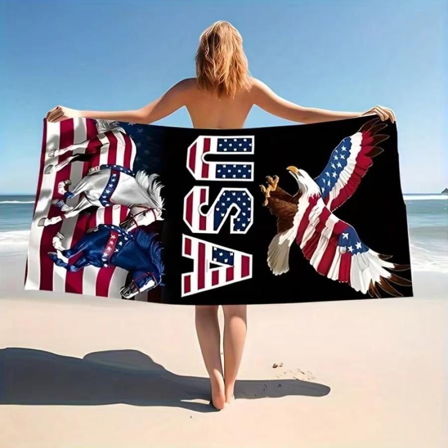 Patriotic Eagle Horse Beach Towel, USA Independence Design Polyester Quick Dry Lightweight Soft Absorbent for Swimming