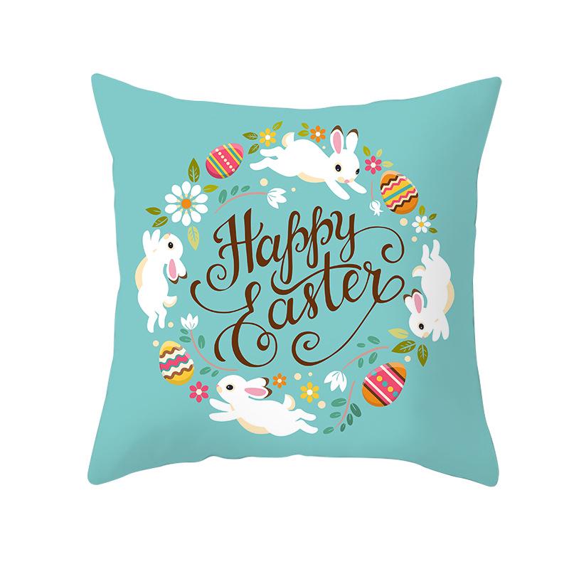 Easter Peach Velvet Cushion Cover Lake Blue Series Rabbit Egg Print Cushion Cover