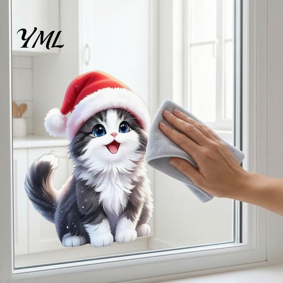 Festive Home Accents Christmas Cat Window Sticker, Cute Kitten Static Cling, Removable Reusable Clings Waterproof Holiday PVC Decal for Living