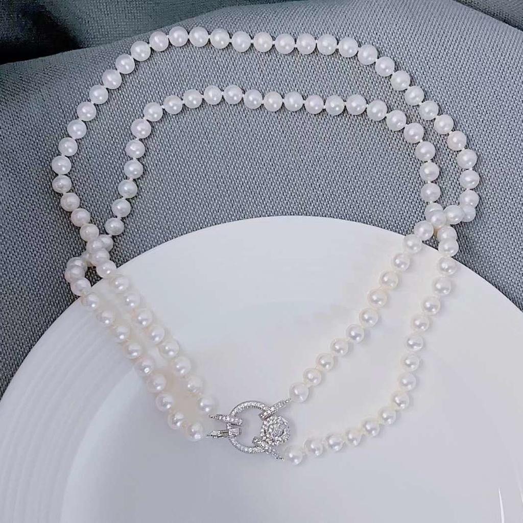 Women's Double-Layer Freshwater Pearl Necklace Polymorph Sweater Chain with Natural Beauty Count Necklace