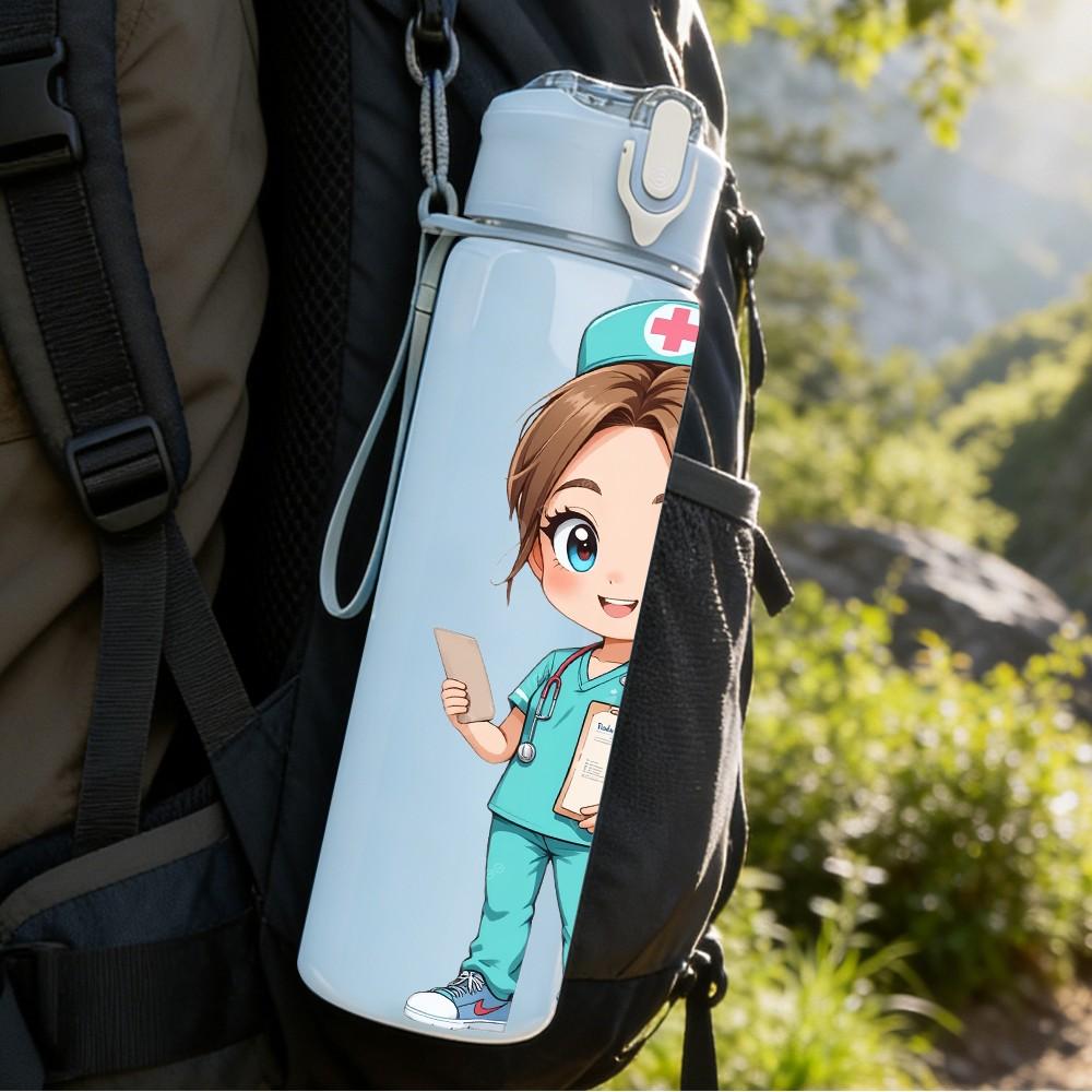 1PC Nurse Doctor Girl Character 750ml Color Plastic Sports Water Bottle Leakproof Flip Straw Lid Suitable for Sports Office Home Use