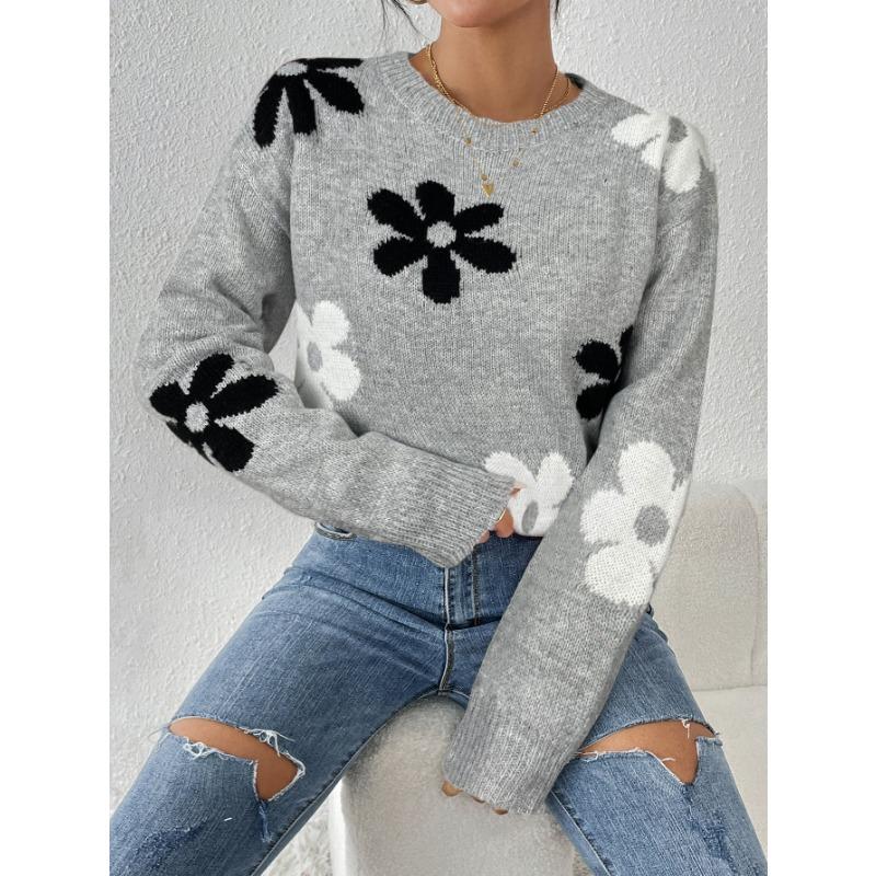 Женский осенне-зимний вязаный свободный свитер с круглым вырезом и цветной аппликацией