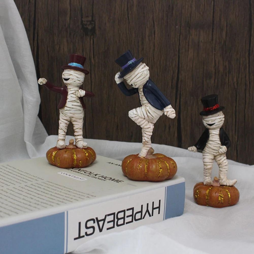 3pcs Mummy Dancing On The Pumpkin Halloween Resin Decorations Mummy Statues Party Holiday Decorations Figurines Gift