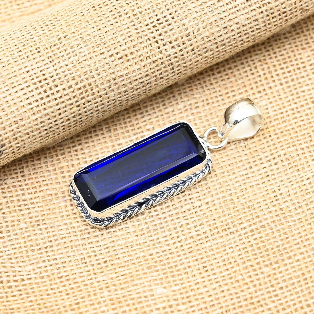 Подвеска из чистого серебра 925 пробы с синим сапфиром, созданный в лаборатории драгоценный камень ручной работы