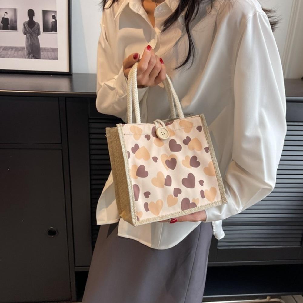Large Capacity Flower Linen Bag Zipper Linen Handbag Storage Bag Love Heart Tote Bag  Picnic