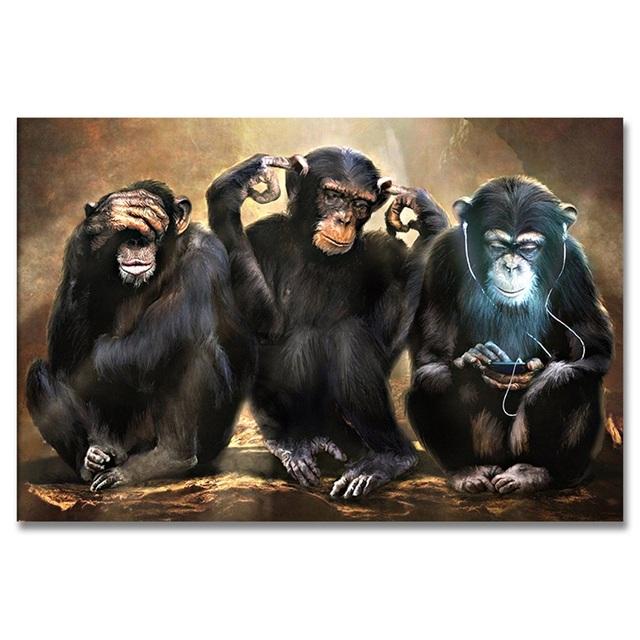 Solid Wood Frame Big Size Poster Canvas Painting Animal Wall Art Dark Three Funny Monkey Posters and Prints Picture for Living Room Home Decor