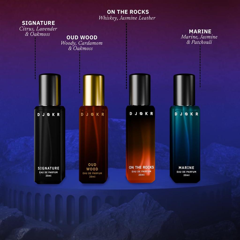 Djokr Eau De Parfum Set for Men, 4x20 ML, Signature, Oud Wood, On The Rocks, Marine