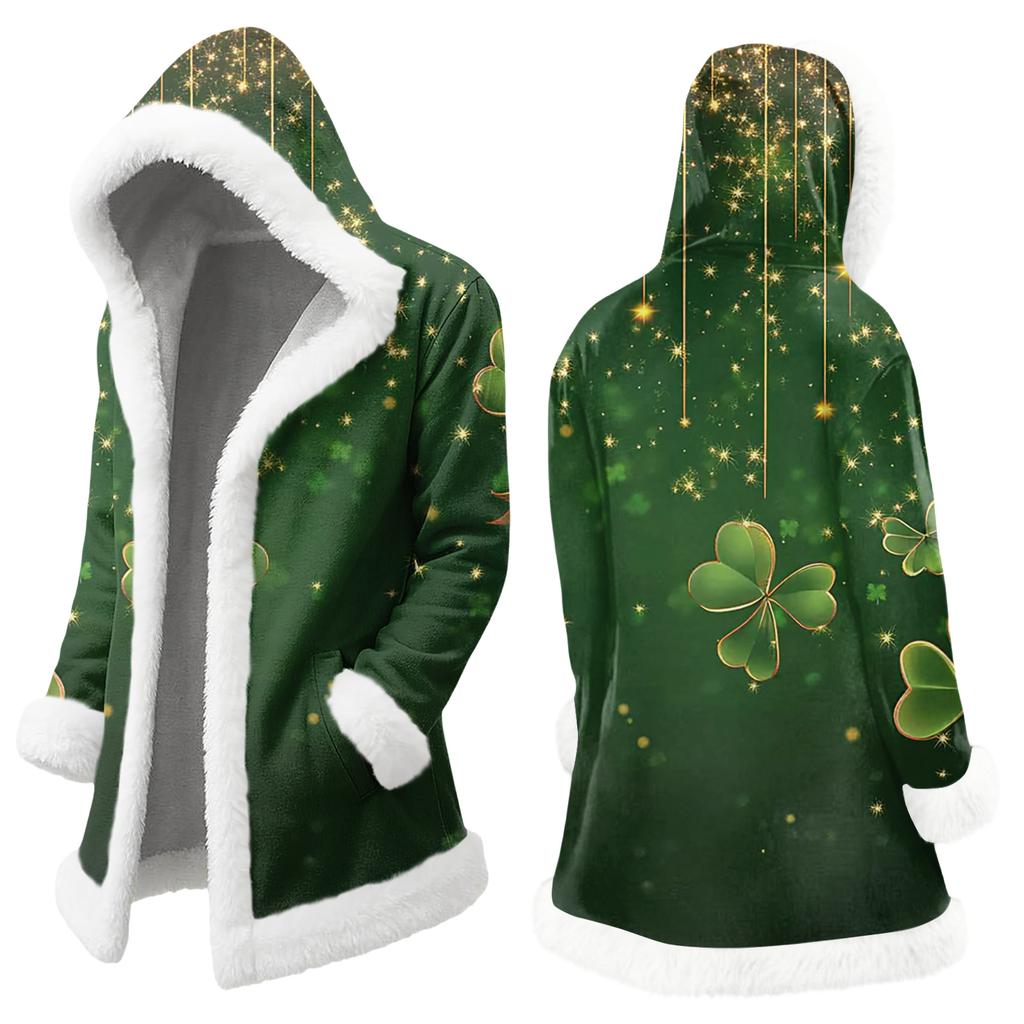 Unisex Casual And Fashionable Plush Collar Hooded Long Sleeved St. Patrick's Print Jacket