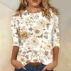 Женская мода повседневная три четверти рукав цветочный принт круглый вырез пуловер топ