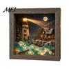 Wooden Landscape Ornament Christmas Snowy Night Light Picture Frame, Vintage Frame 3D Mini Lighted Shadow Box Lamp, Desktop Atmosphere Decor