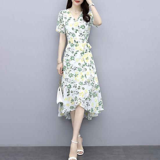 Платье с цветочным принтом для женщин с V-образным вырезом, коротким рукавом, струящимся запахом, платье миди с оборками и неровным подолом, платье А-силуэта для пляжного отдыха