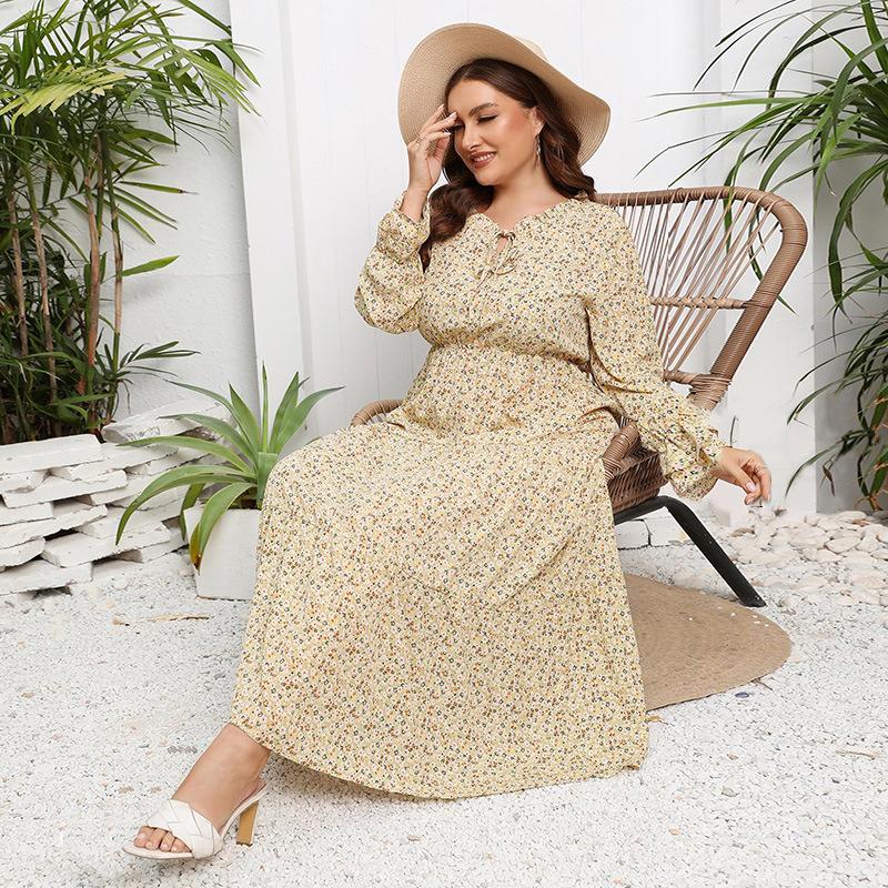Весенне-осеннее женское платье больших размеров с цветочным принтом, платье супер феи с круглым вырезом и рукавами-лепестками, свежие милые длинные платья