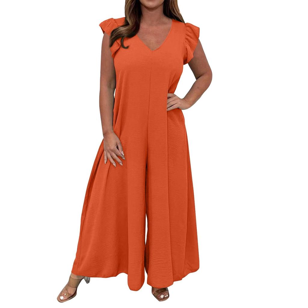Women's Casual Solid Color Back Tie Ruffled Wide Leg Long Pants Jumpsuit