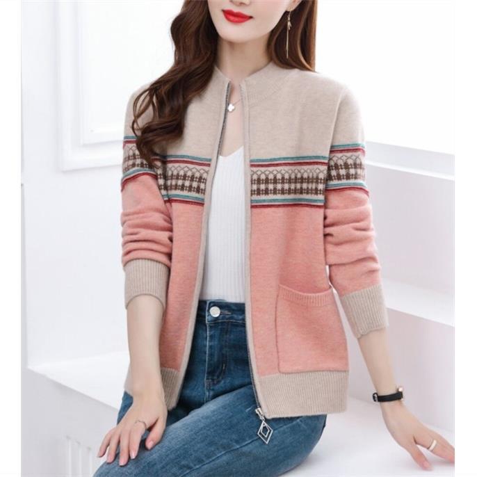 Spring and Autumn Style Color Blocked Small Coat Lady Sweaters Simplicity Printing Patchwork Pocket Zipper Casual Loose Long Sleeve Women's Clothing