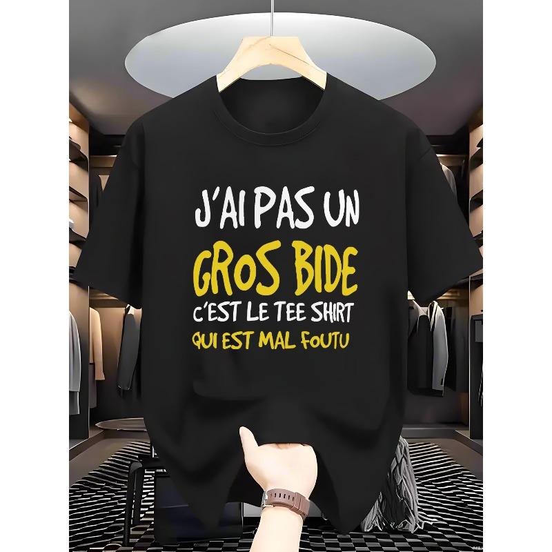 Европейские размеры Мужская повседневная футболка Premium с принтом - Текст "JAI PAS UN GROS BIDE", Короткий рукав, Круглый вырез, Гладкая полиэстеровая ткань