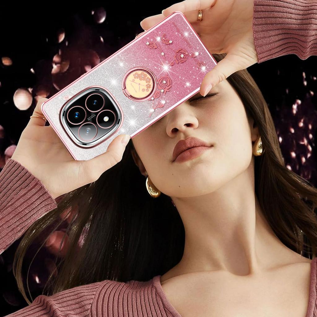 For Xiaomi Redmi Note 14 Pro+ 5G Case Ring Kickstand TPU Flowers Phone Cover Gradient Glitter