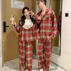 Корейская пара красная клетка кружево длинный рукав пижама