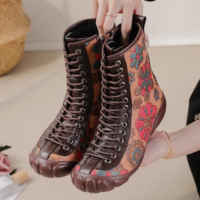 Новые осенне-зимние женские ботинки на плоской подошве из говяжьих сухожилий, этнический стиль, натуральная кожа, принт, ботинки Martin средней длины