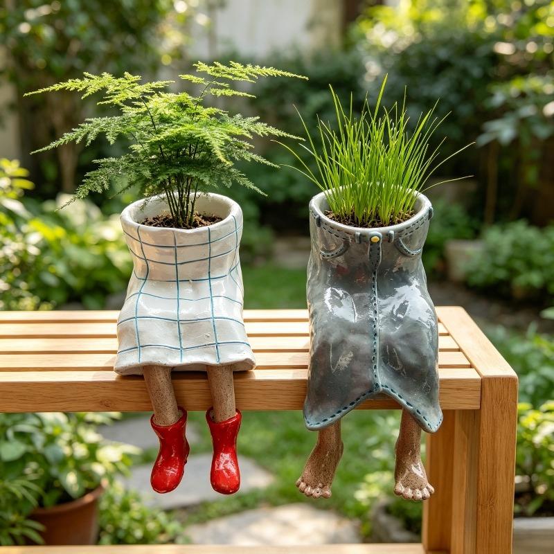 1Pc Cute Resin Suspended Flower Pot, Featuring A Red Rain Boot Design, With A White Grid Base Suitable For Succulents, A Creative Desktop Flower Pot