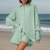 Women's Fashion Cardigan Solid Color Casual Pleated Long Sleeve Top Shorts Set