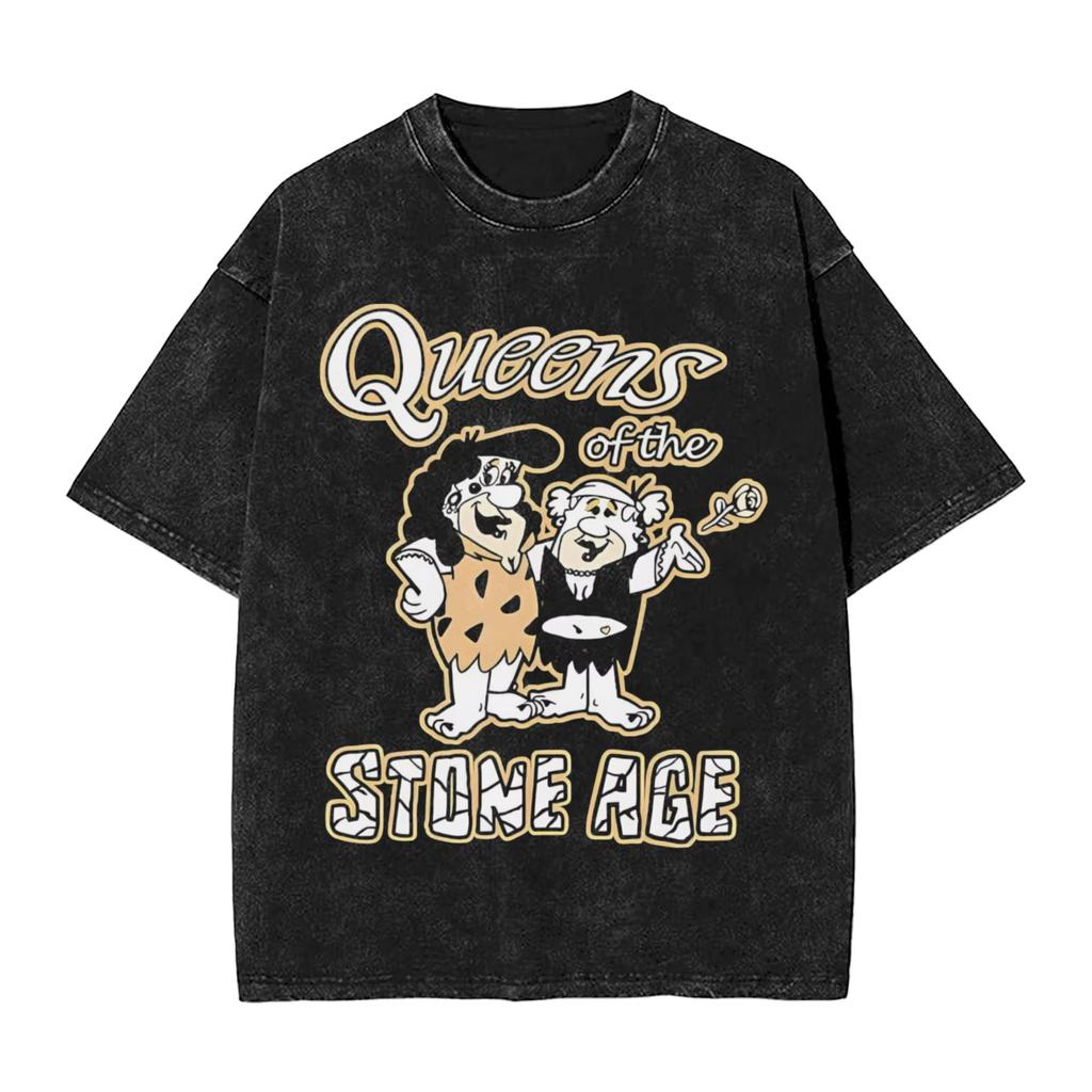 Retro Queen of The Stone Age Band Men's T Shirt Washed Humor Tees Short Sleeve Round Collar T-Shirt Pure Cotton Clothes