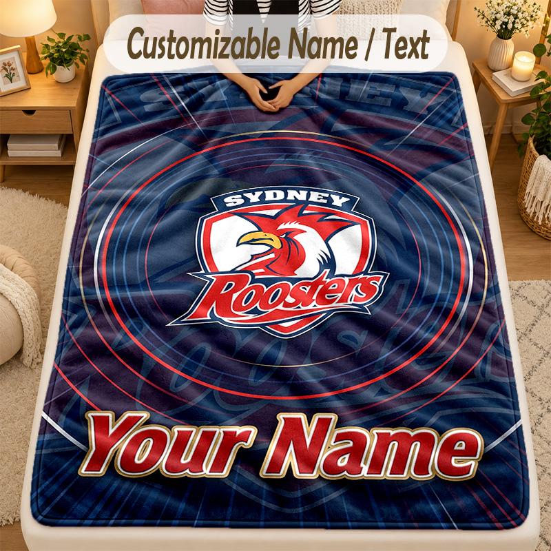 Flannel BlanketSydney Roosters Custom Name Text Personalized Soft Warm Throw Blanket Home Decor Gift