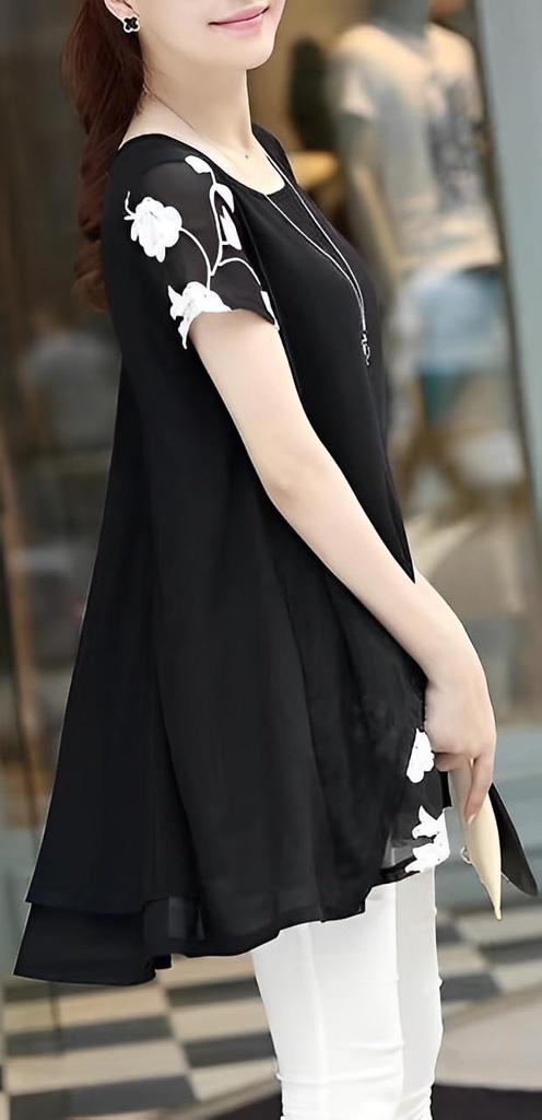 Simple Layered Floral Tunic Layered Short Sleeve Ruffle Top Tiered Cuff Sleeve Chiffon Flounce Ruffle Straight Flower Hanagara Embroidery Russell Lace