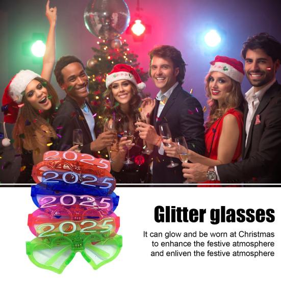 Рождественские очки 2025 года с блестками, 3 режима мигания, светодиодная подсветка, реквизит для новогодних фотосессий 2025 года, противоскользящий, унисекс, праздничный, тематический, активатор атмосферы вечеринки